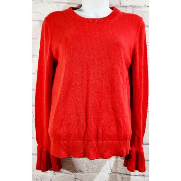 J. Crew Red Long Sleeve Ruffled Cuff Round Neck Sweater Top Small Lightweight - Picture 1 of 6